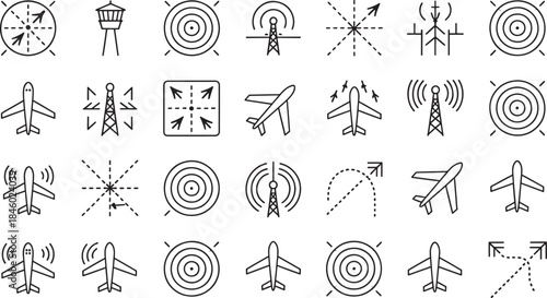 Collection of black outline icons representing air traffic control and aviation elements airplane aircraft