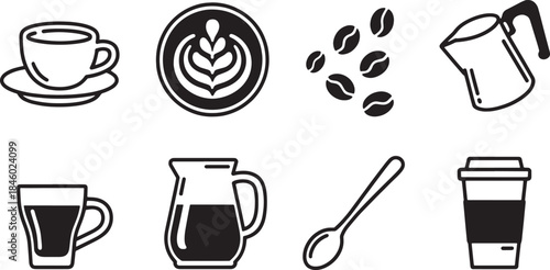 Collection of eight minimalist black and white coffee related icons saucer latte art