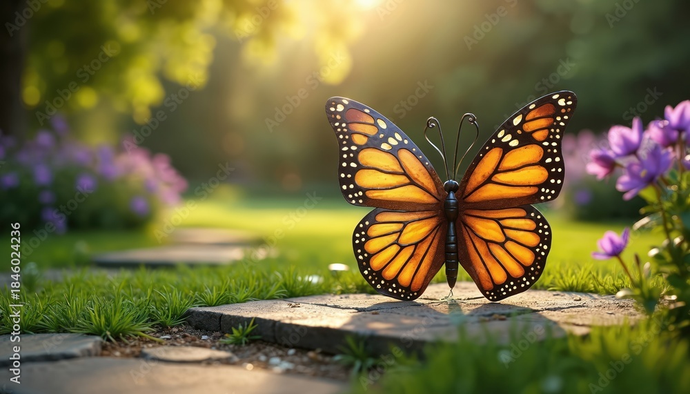 Naklejka premium Metal butterfly sculpture sits on garden path. Sunlight shines through green trees onto grass and purple flowers. Decorative insect ornament blends with nature.