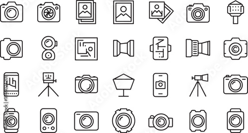 Collection of minimalist outline icons depicting cameras lenses and photography equipment vector