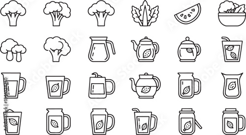 Collection of minimalist outline icons featuring broccoli teapots pitchers and drinks broccoli outline icon