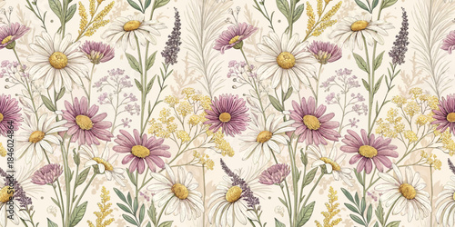 A vibrant floral pattern featuring purple and white daisies with delicate greenery on a soft beige background.