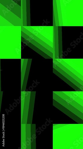 Vibrant green and black geometric pattern with abstract shapes and lines