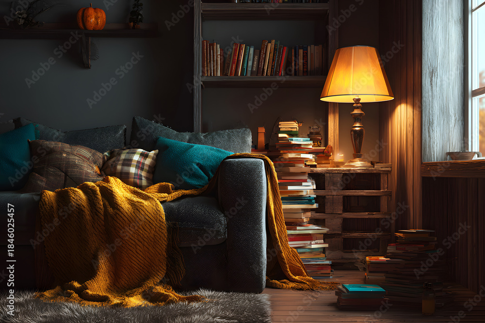 Obraz premium Cozy reading nook at home with comfortable chair, soft blanket, and warm lighting in the evening
