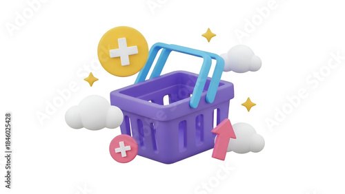 E-commerce concept featuring a purple shopping basket and floating transaction icons