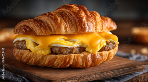 Sausage Egg Cheese Croissant Breakfast Sandwich, Morning Food Concept