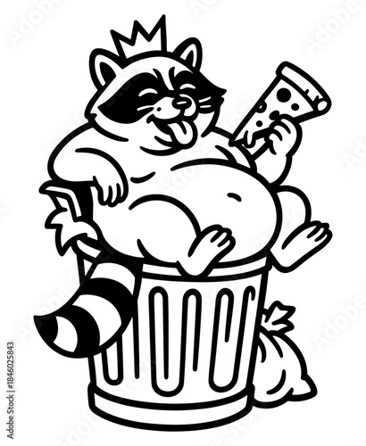 Funny Raccoon King in Trash Can Eating Pizza 