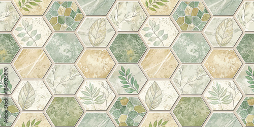A vibrant hexagonal tile pattern featuring earthy greens and subtle floral designs.