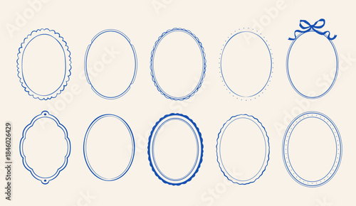 Elegant Vintage Oval Frame Collection in Blue Line Art with Classic Ornamental Borders for Wedding Invitations, Branding, Labels, and Timeless Graphic Design