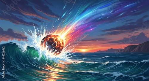 Fantastical glowing orb with a rainbow trail crashes into the ocean waves.