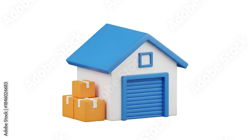 A 3d illustration of a blue and white warehouse with delivery boxes stacked outside