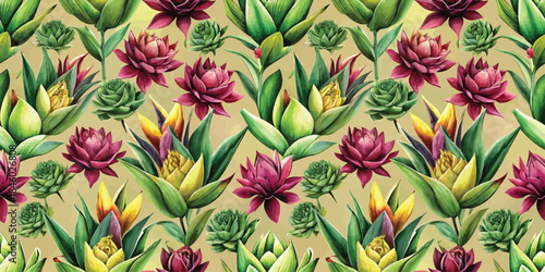 A vibrant pattern featuring lush green succulents and stunning purple flowers against a warm background.