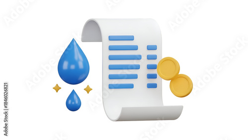 An illustrative 3d rendering showing a water utility bill and coins for payment