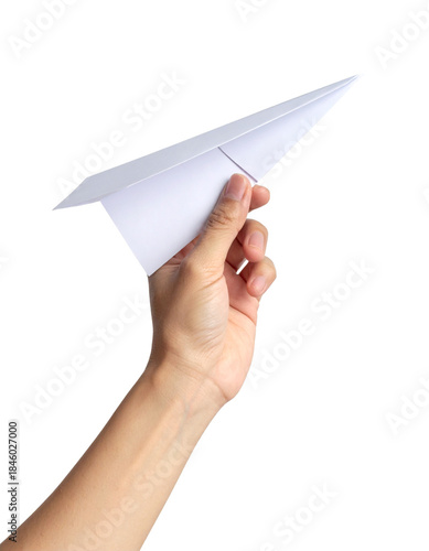 Hand holding a white paper airplane, a concept of travel, freedom and business Isolated on transparent or white, Cut out