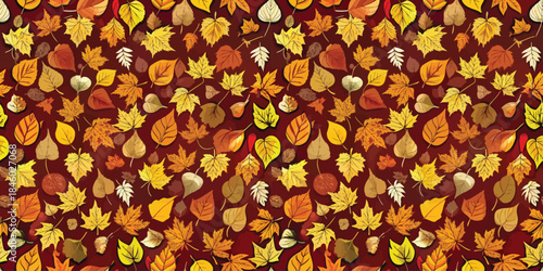 A vibrant pattern of autumn leaves in warm hues of orange, yellow, and red against a deep maroon background.