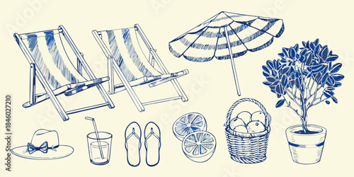 A serene beach scene featuring lounge chairs a parasol and summer accessories