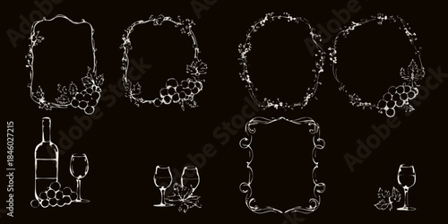 Elegant vintage frames wine bottles and glasses on a dark background