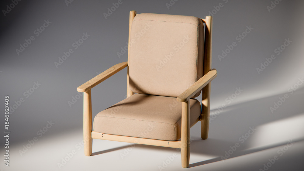 Naklejka premium Modern wooden armchair with beige cushion in minimalist lighting. Ideal for furniture design, product display, and interior visualization in 3D rendering and architectural mockups.