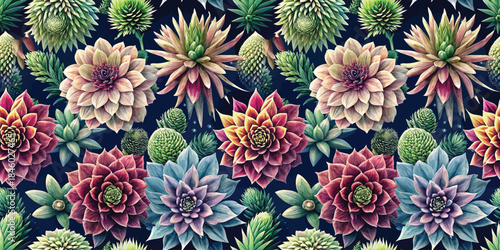 A vibrant pattern of colorful succulents and flowers on a dark background, showcasing nature's beauty.