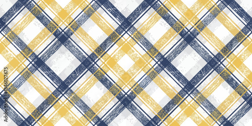 A vibrant plaid pattern featuring navy blue, yellow, and white hues, perfect for a modern textile design.