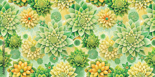 A vibrant pattern of succulent plants in various greens and yellows, creating a fresh and lively atmosphere.