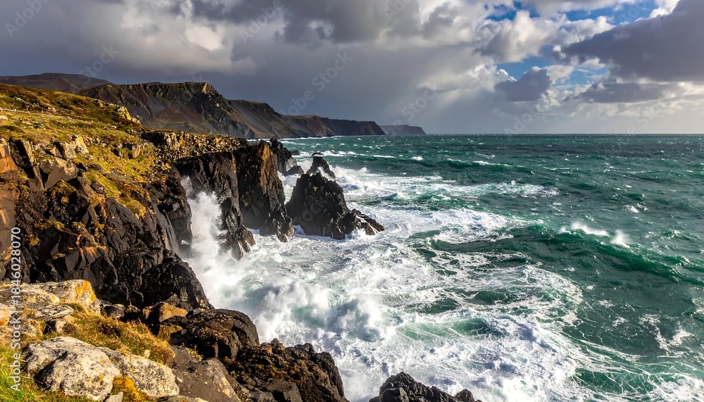 Naklejka premium Coastal scene, stormy ocean waves crash against the rocky shoreline