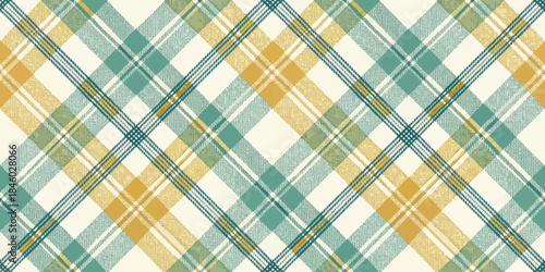 A vibrant plaid pattern featuring teal, mustard yellow, and cream tones.