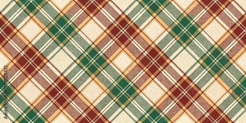A vibrant plaid pattern featuring warm hues of green, red, and yellow.