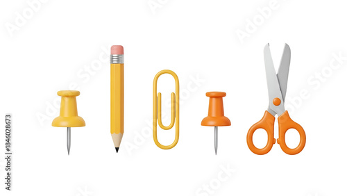 A collection of 3d rendered office and school supplies icons on a black background