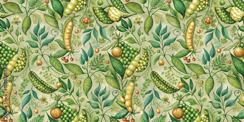 A vibrant, hand-drawn botanical pattern featuring green peas and colorful leaves.