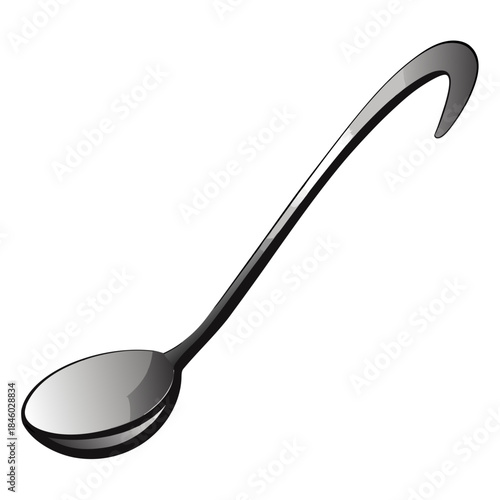 A simple metallic ladle with a long curved handle and a deep rounded bowl.
