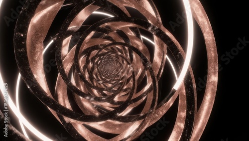 Fototapeta Naklejka Na Ścianę i Meble -  A spiraling tunnel of bronze-toned shapes with glowing white accents, against a black backdrop