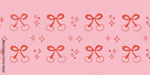 Repeating pattern of stylized red scissors and sparkling star shapes on pink