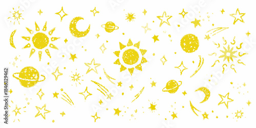 Whimsical yellow celestial pattern featuring suns moons stars and planets