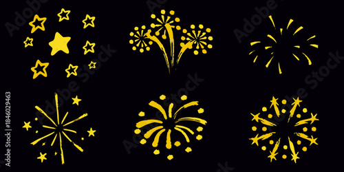 Golden fireworks and stars on a black background celebratory and bright