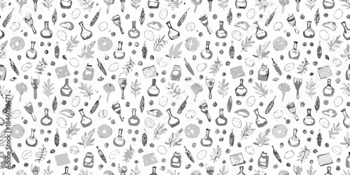 Seamless pattern with hand drawn botanical elements flasks and vintage apothecary items