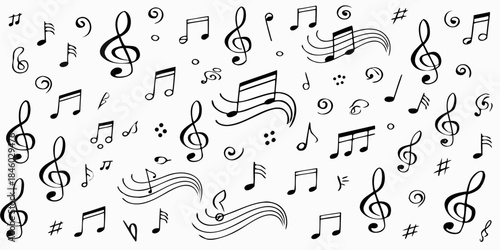 A seamless pattern featuring various black musical notes and symbols on white