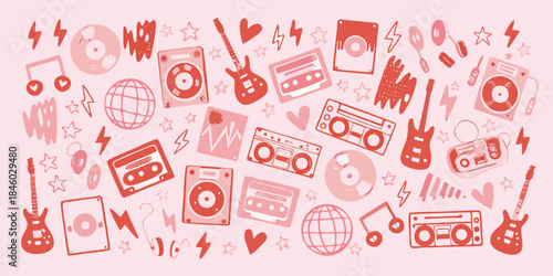 A playful pink background featuring various music related icons and symbols