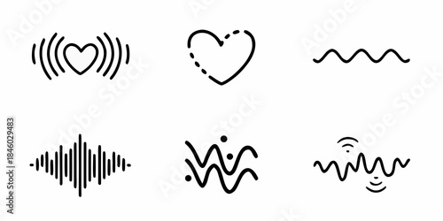 Minimalist heart and sound wave designs on a white background