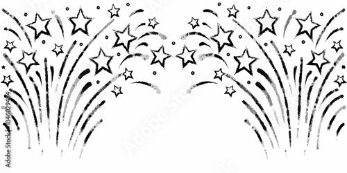 A festive arrangement of sparkling stars and firework like bursts in black and white