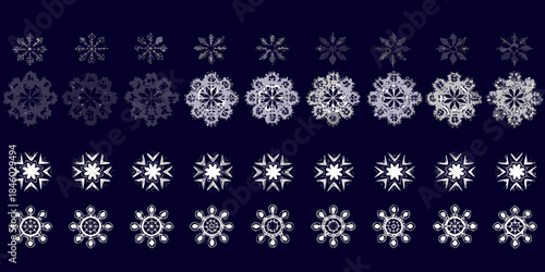 A collection of intricate snowflake designs arranged in symmetrical rows