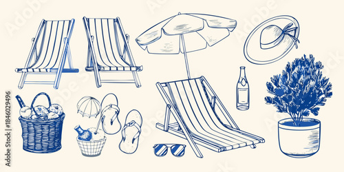 Sketch of beach essentials chairs umbrella hat and summer accessories