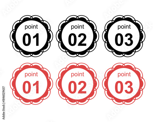 レース風デザインの円形ポイントラベルアイコンセット。01・02・03の番号入りで、Webやアプリ、資料の注目ポイントや見出し表示に使いやすいベクター素材。