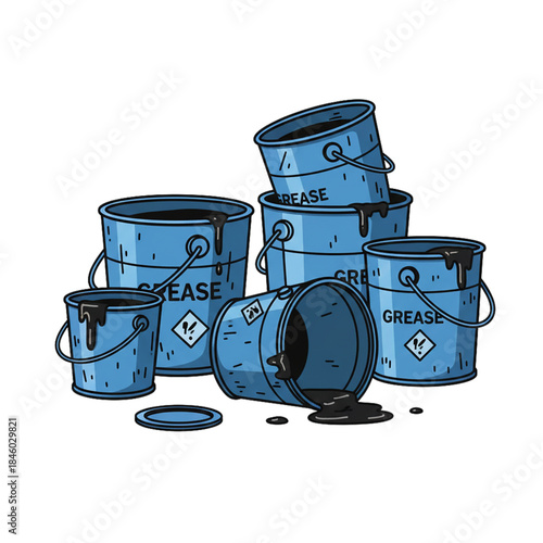Industrial grease container waste in the form of a used tin bucket, isolated on a white background.