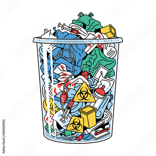 infectious hospital waste in plastic container.isolated on white background.