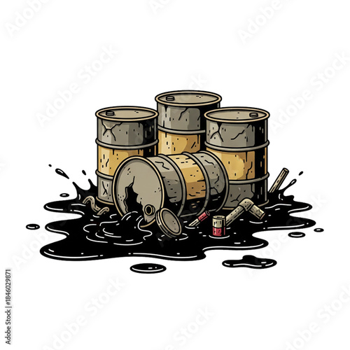 used drum and spilled oil.isolated on a white background.