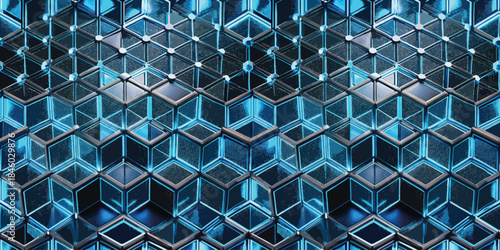 Abstract blue and black hexagonal patterns with glowing elements, creating a futuristic digital design.