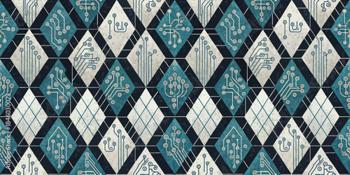 Abstract geometric pattern featuring blue and grey tones with circuit designs.