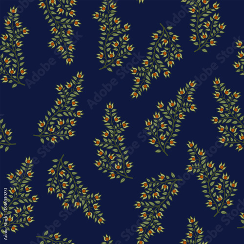 Seamless floral pattern with blooming branches. Folk style. On blue background.