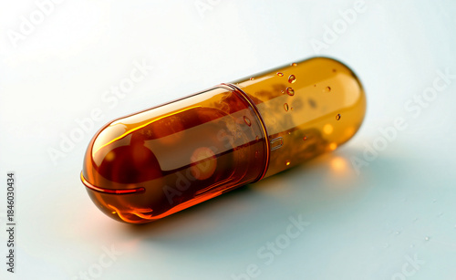 Transparent amber capsule filled with liquid isolated on a light background, pharmaceutical supplement and modern medicine concept